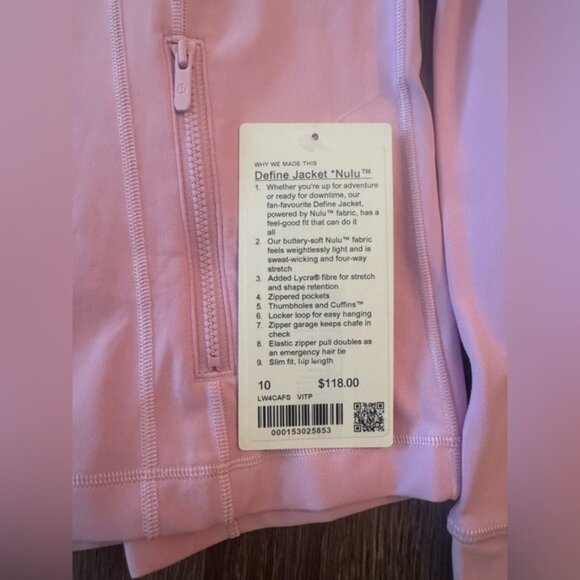 New with tags Lululemon Define Jacket Nulu. Light Pink. Vita Pink. Size 10. - Picture 11 of 14